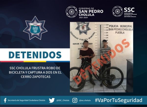 SSC CHOLULA FRUSTRA ROBO DE BICICLETA Y CAPTURA A DOS EN EL CERRO ZAPOTECAS