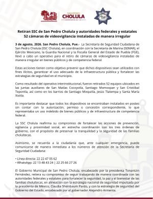 Retiran SSC de San Pedro Cholula y autoridades federales y estatales 52 cámaras de videovigilancia instaladas de manera irregular
