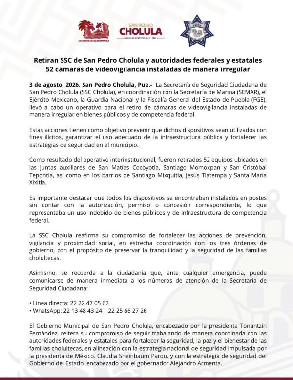 Retiran SSC de San Pedro Cholula y autoridades federales y estatales 52 cámaras de videovigilancia instaladas de manera irregular