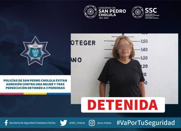 POLICÍAS DE SAN PEDRO CHOLULA EVITAN AGRESIÓN CONTRA UNA MUJER Y TRAS PERSECUCIÓN DETIENEN A 3 PERSONAS