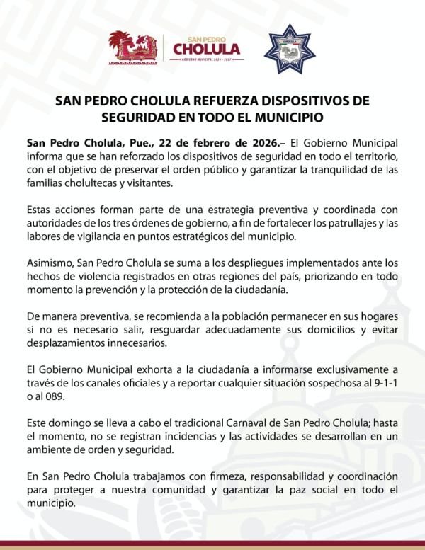 SAN PEDRO CHOLULA REFUERZA DISPOSITIVOS DE SEGURIDAD EN TODO EL MUNICIPIO