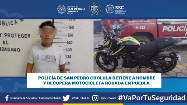 POLICÍA DE SAN PEDRO CHOLULA DETIENE A HOMBRE Y RECUPERA MOTOCICLETA ROBADA EN PUEBLA