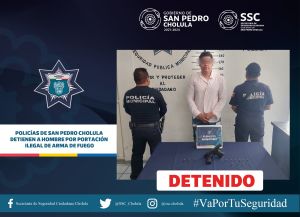POLICÍAS DE SAN PEDRO CHOLULA DETIENEN A HOMBRE POR PORTACIÓN ILEGAL DE ARMA DE FUEGO
