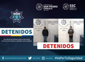 POLICÍA DE SAN PEDRO CHOLULA RECUPERA MOTOCICLETA ROBADA Y DETIENE A DOS HOMBRES