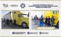 Policía de San Pedro Cholula y Guardia Nacional localizan unidad de carga robada en Texmelucan