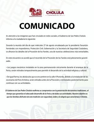 28 de agosto, 2025. San Pedro Cholula, Pue. - En atención a las imágenes que han circulado en redes sociales, el Gobierno de San Pedro Cholula informa a la ciudadanía lo siguiente:
