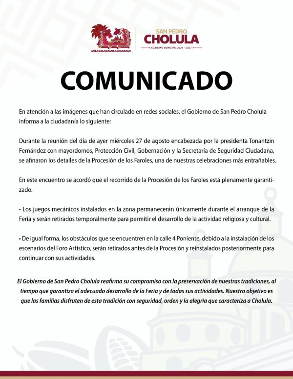 28 de agosto, 2025. San Pedro Cholula, Pue. - En atención a las imágenes que han circulado en redes sociales, el Gobierno de San Pedro Cholula informa a la ciudadanía lo siguiente: