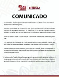 28 de agosto, 2025. San Pedro Cholula, Pue. - En atención a las imágenes que han circulado en redes sociales, el Gobierno de San Pedro Cholula informa a la ciudadanía lo siguiente: